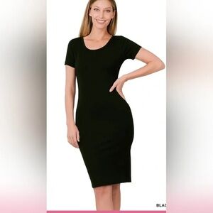 Zenana Outfitters Cotton Short Sleeve Black Midi Dress, Size L